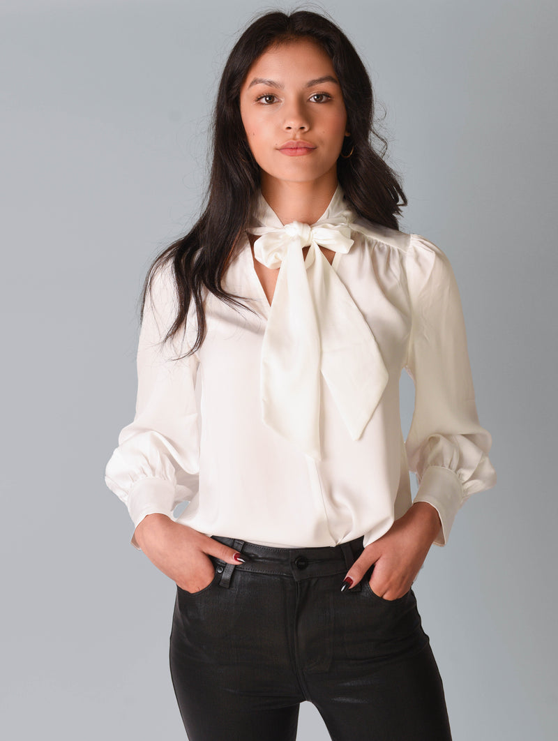 Edna Neck Tie Blouse in White