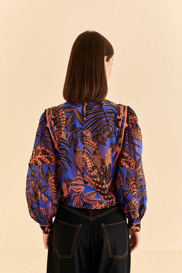 Blue Tropical Gold Pleated Long Sleeve Blouse
