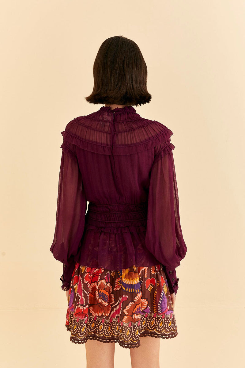 Burgundy Ruffle High Neck Blouse