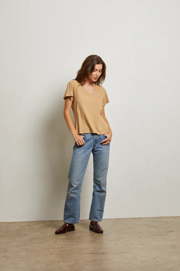 Boxy V Neck Tee in Suede