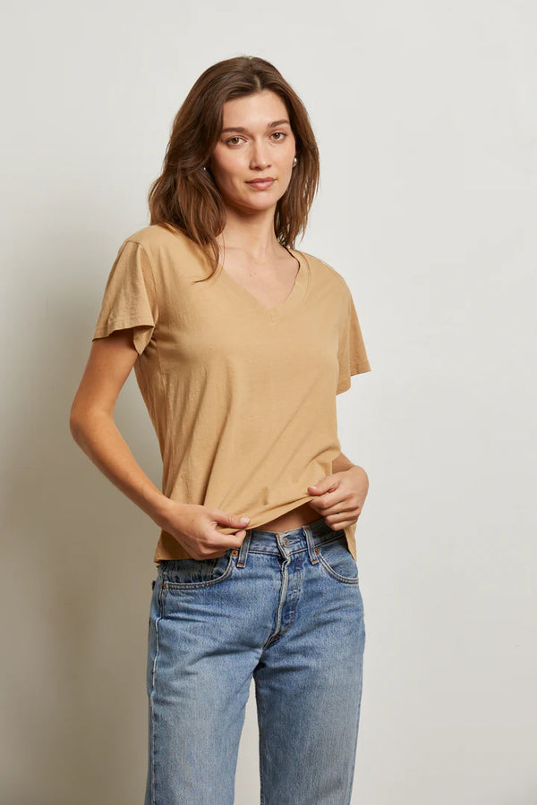 Boxy V Neck Tee in Suede