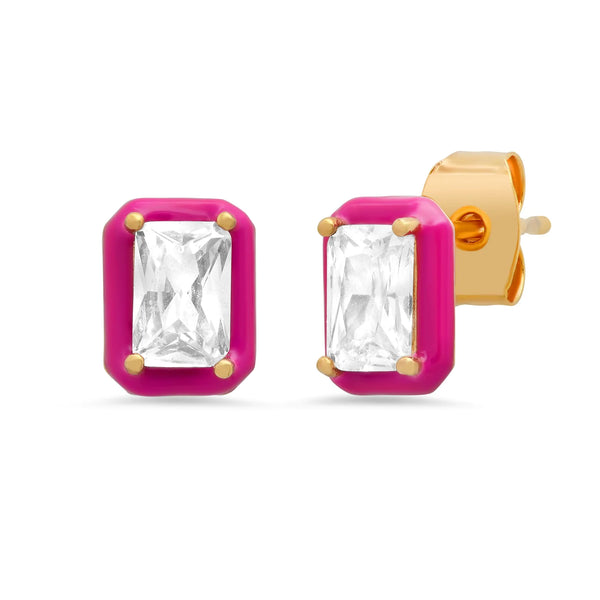 Enamel Bezel Set Rectangular CZ Studs