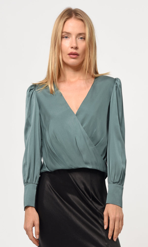 Lourdes Wrap Front Cuffed Blouse in Deep Sage