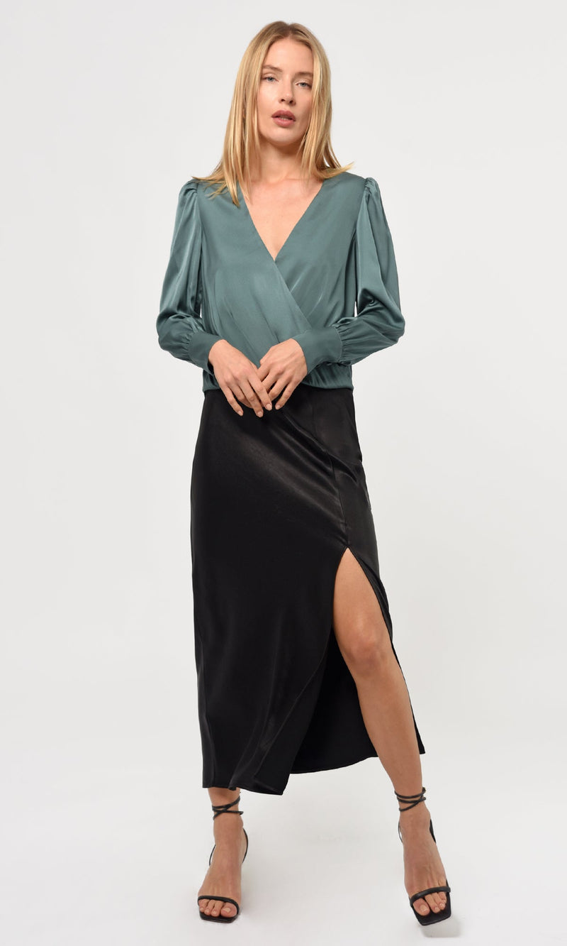 Lourdes Wrap Front Cuffed Blouse in Deep Sage