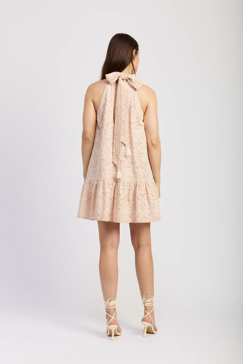 Embroidered Mock Halter Mini Swing Dress