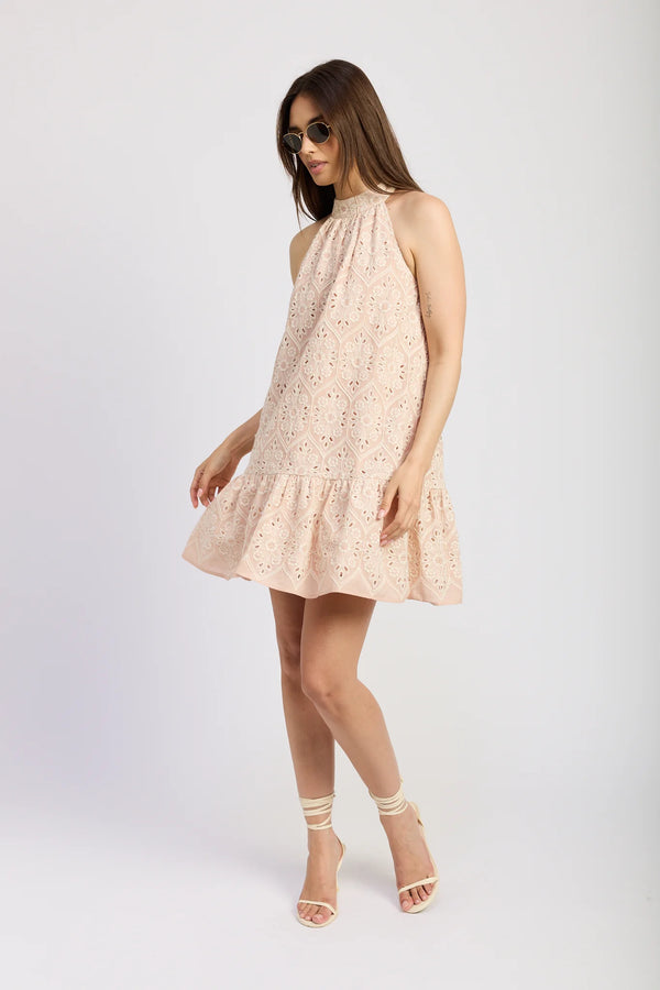 Embroidered Mock Halter Mini Swing Dress