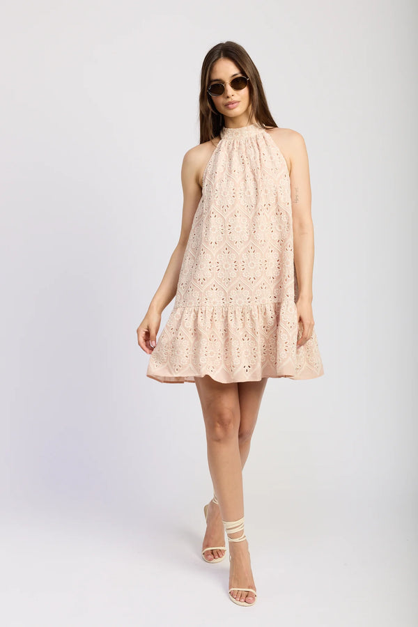 Embroidered Mock Halter Mini Swing Dress