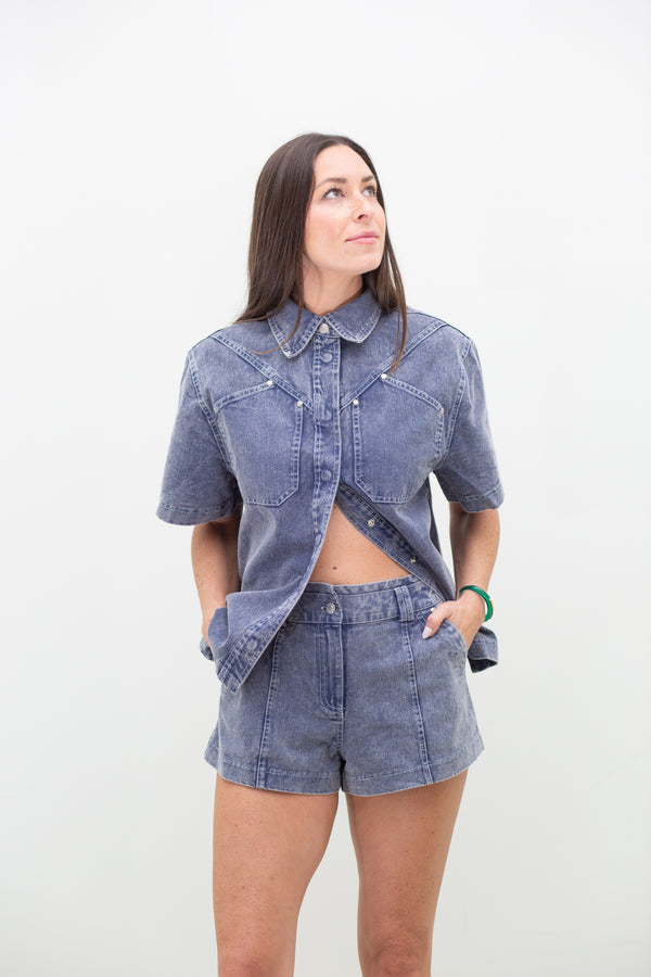 Garment Washed Contrast Cotton Shirt