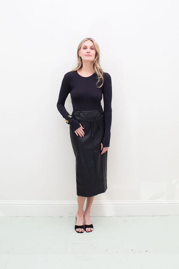 Mona Vegan Leather Midi Skirt- Black