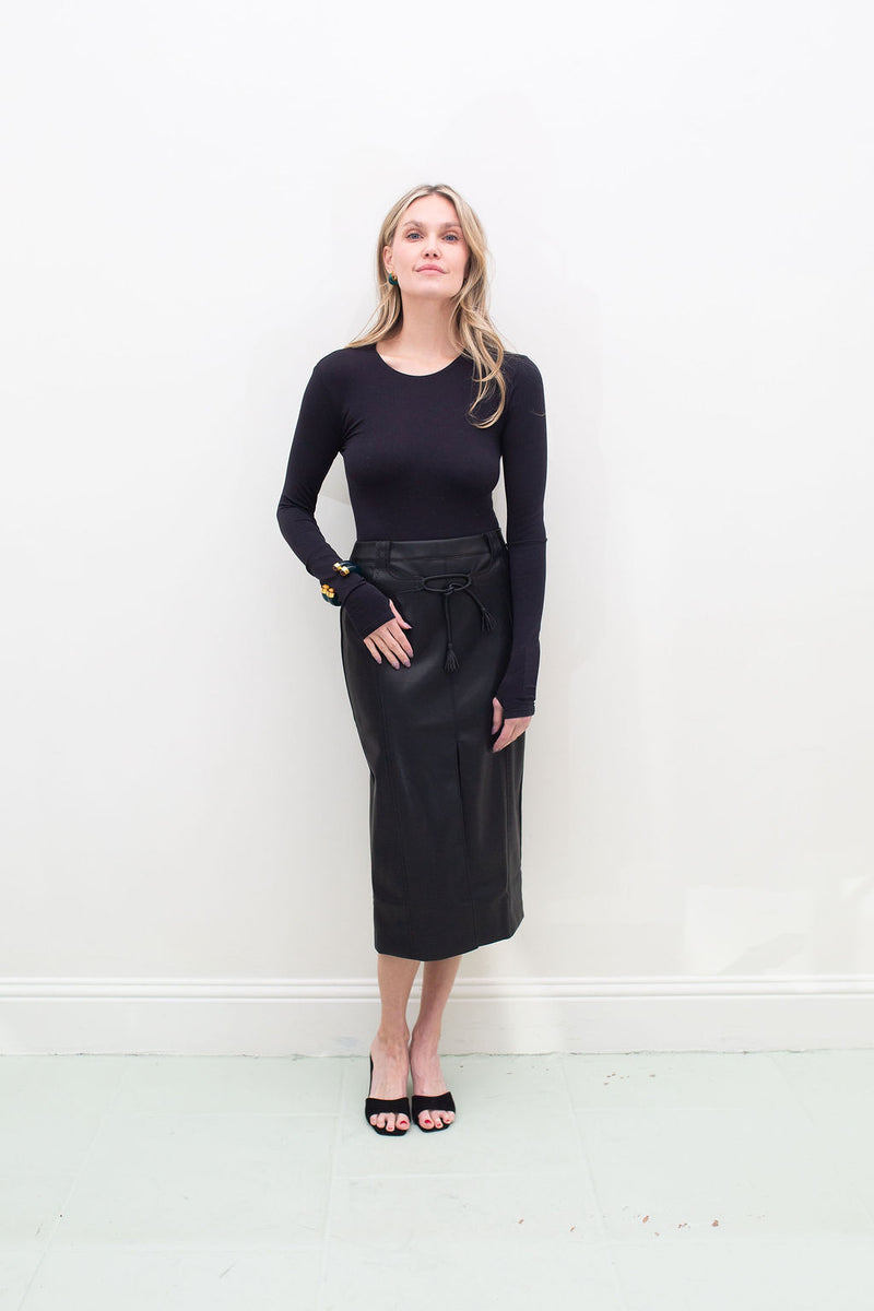 Mona Vegan Leather Midi Skirt- Black