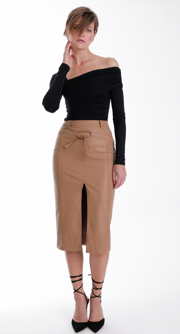 Mona Vegan Leather Midi Skirt- Black