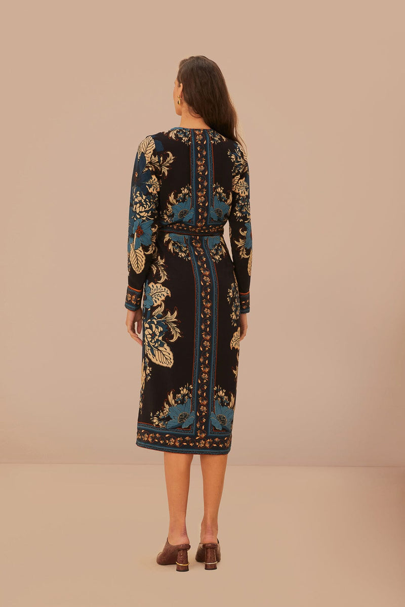 Blossom Tapestry Black Midi Wrap Dress