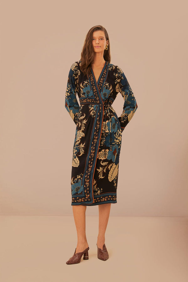 Blossom Tapestry Black Midi Wrap Dress