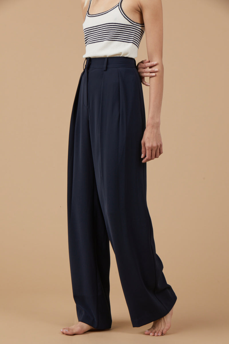 Pleated Wide Leg Trousers in Navy